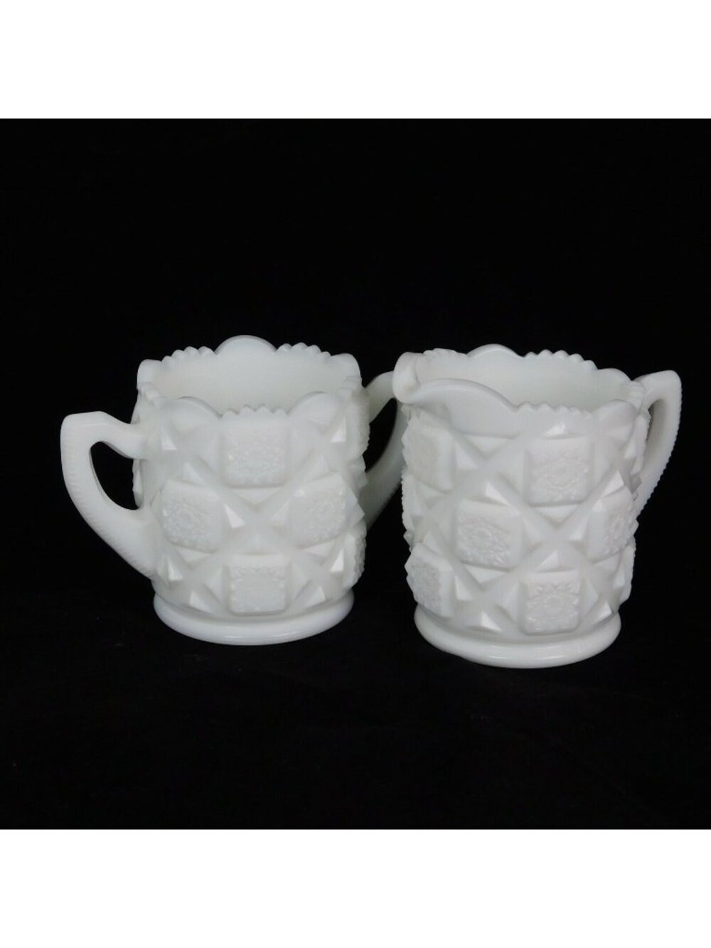 Westmoreland Milk Glass Old Quilt Design Individual Creamer Sugar Set 3" tall